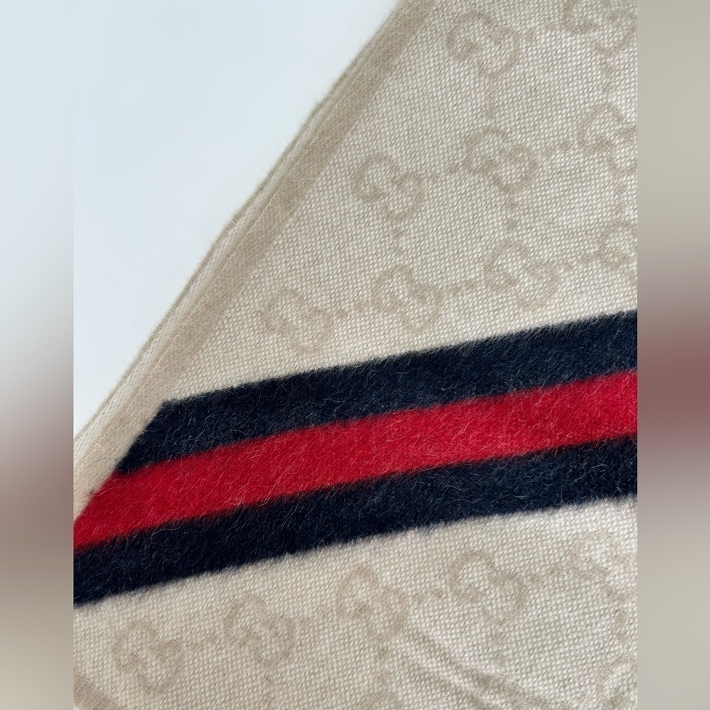 New With Tags Gucci Nikky Wool Alpaca Monogram Web Beige Scarf Shawl Fringe - Picture 6 of 16